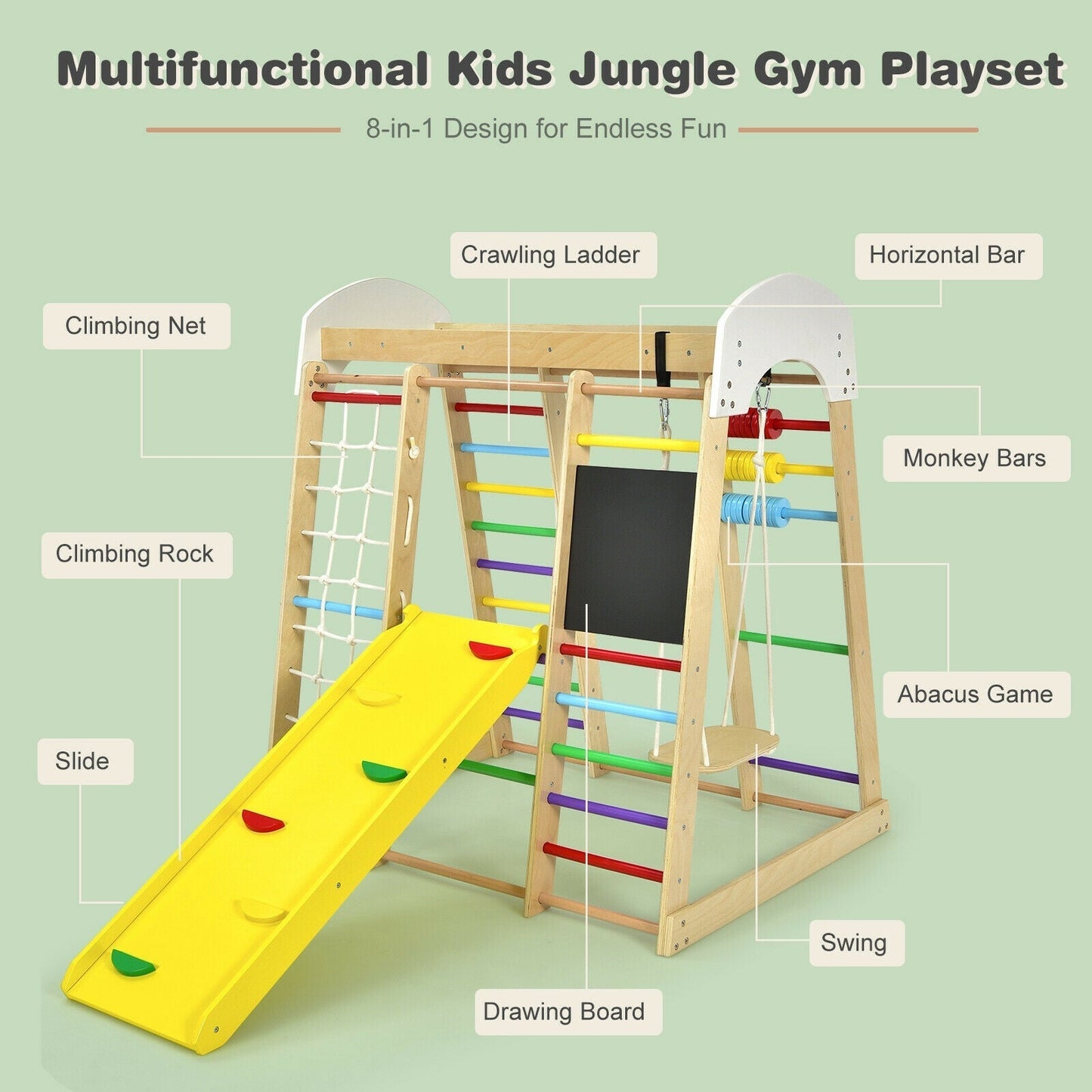 Indoor Playground Climbing Gym Wooden 8-in-1 Climber Playset for Children-Multicolor