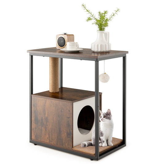 Cat Furniture End Table Cat House with Scratching Post-Rustic Brown