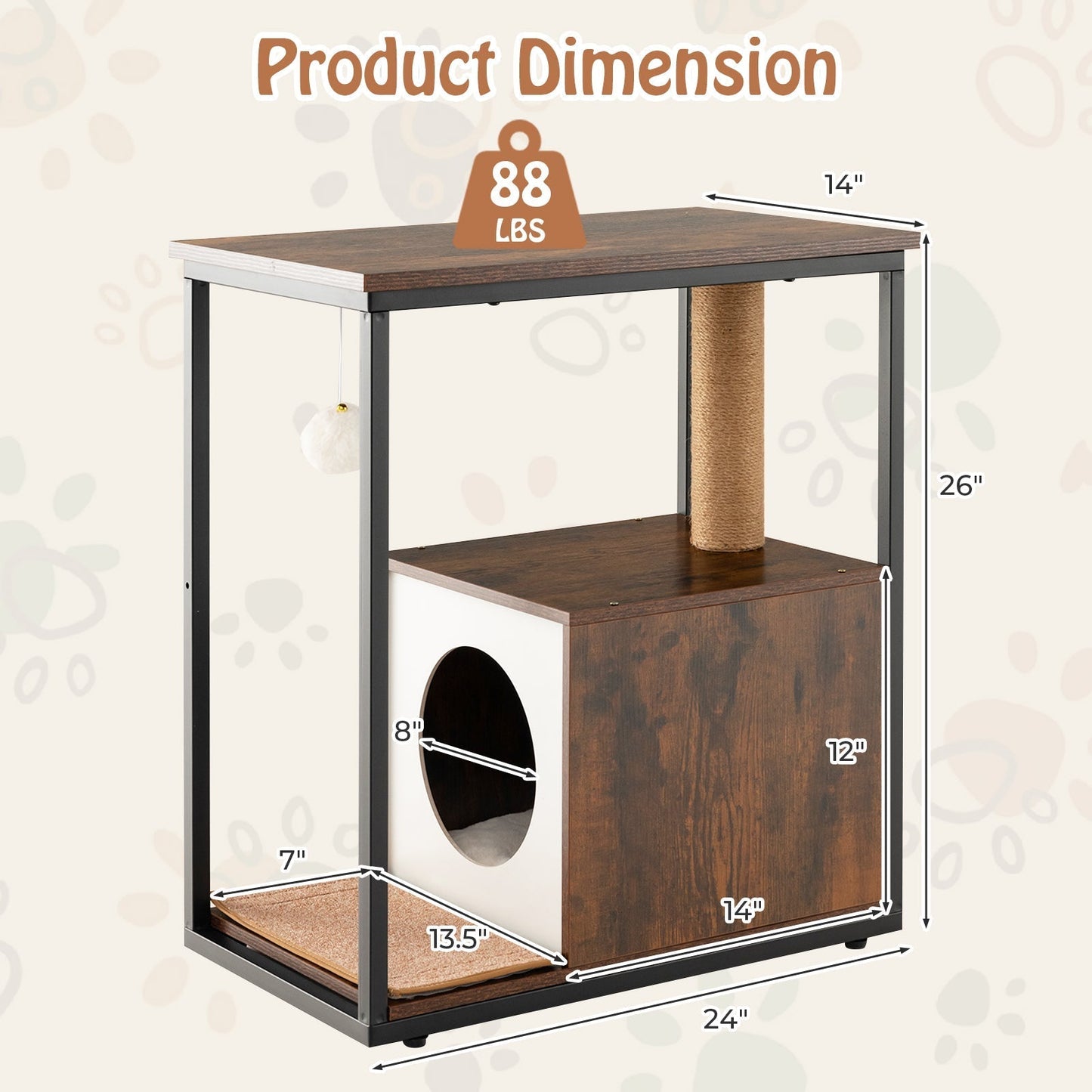 Cat Furniture End Table Cat House with Scratching Post-Rustic Brown