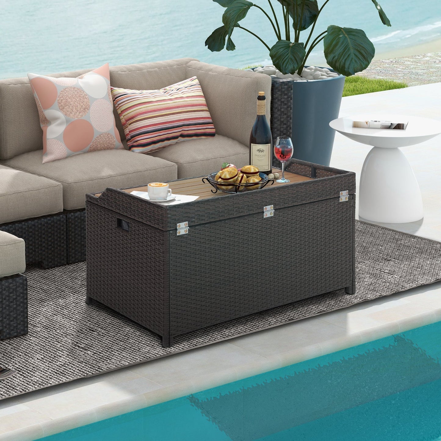170L Outdoor Storage Bench Mix Brown Rattan Storage Container