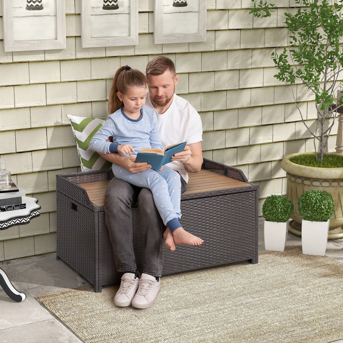 170L Outdoor Storage Bench Mix Brown Rattan Storage Container