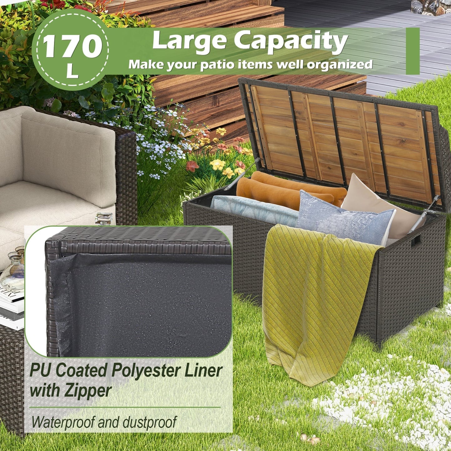 170L Outdoor Storage Bench Mix Brown Rattan Storage Container