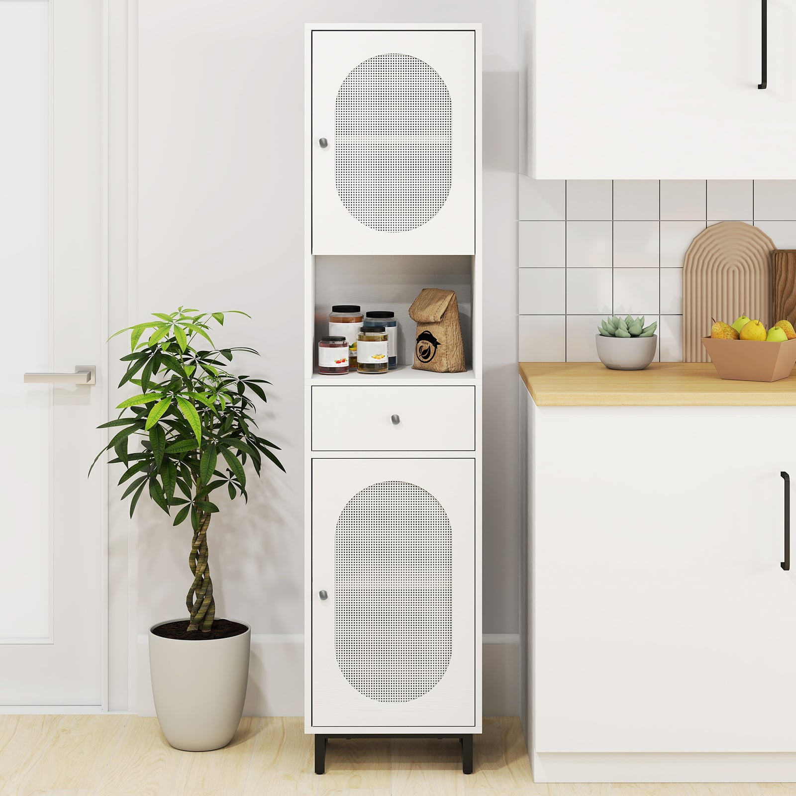 170cm Tall Bathroom Cabinet with 2 Doors and Open Compartment-White