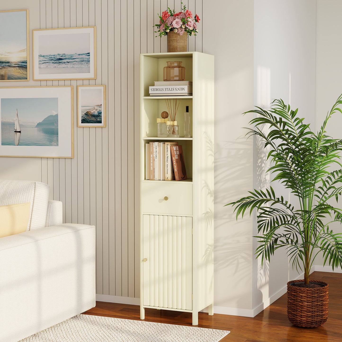 170cm Tall Bathroom Cabinet with Fluted Door and 1 Drawer 3 Open Shelves-Beige