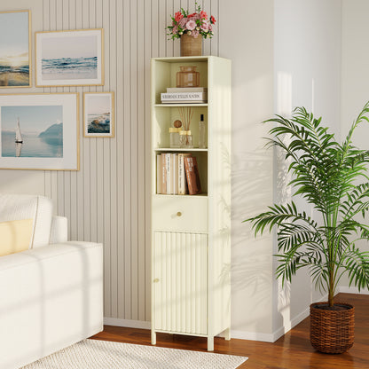 170cm Tall Bathroom Cabinet with Fluted Door and 1 Drawer 3 Open Shelves-Beige
