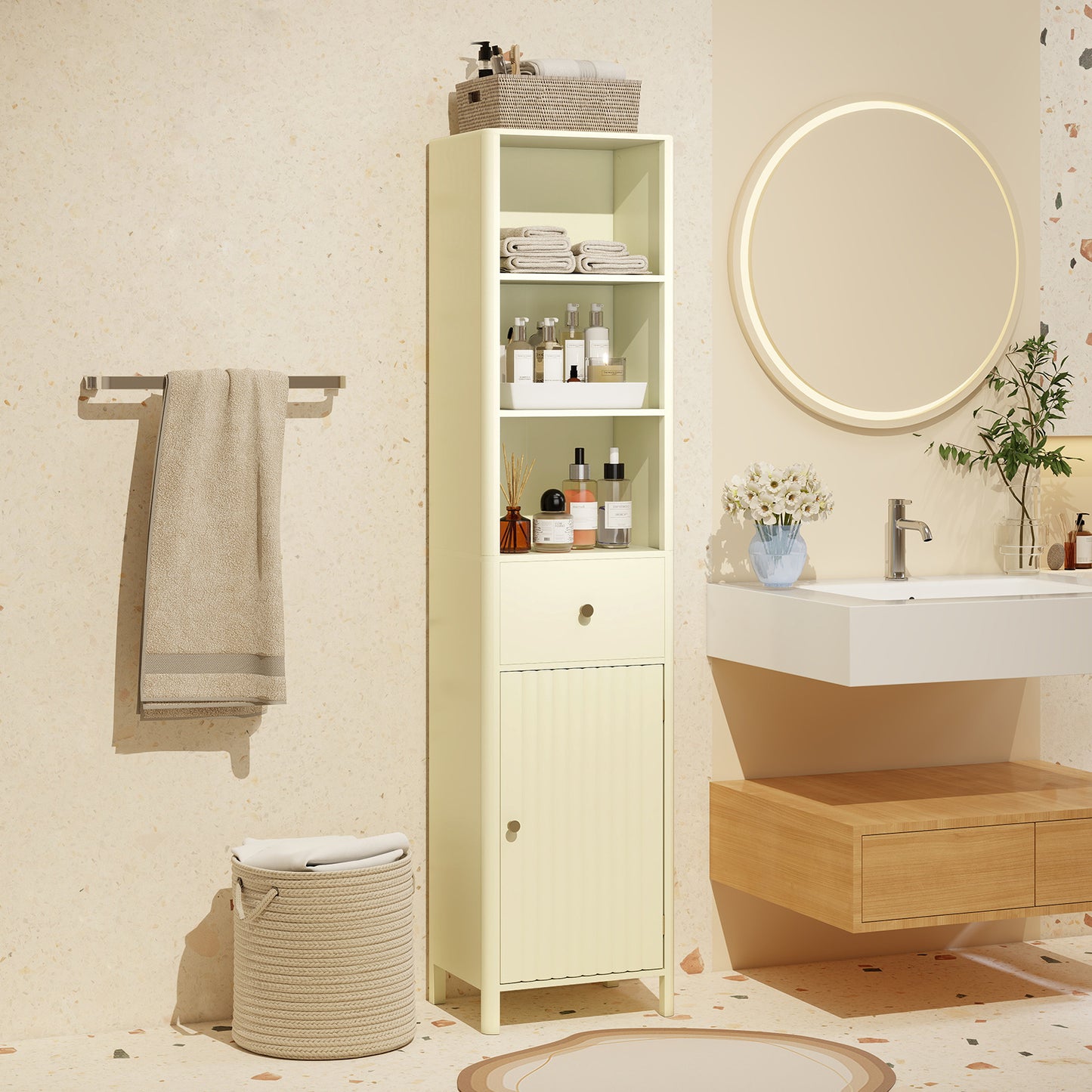 170cm Tall Bathroom Cabinet with Fluted Door and 1 Drawer 3 Open Shelves-Beige