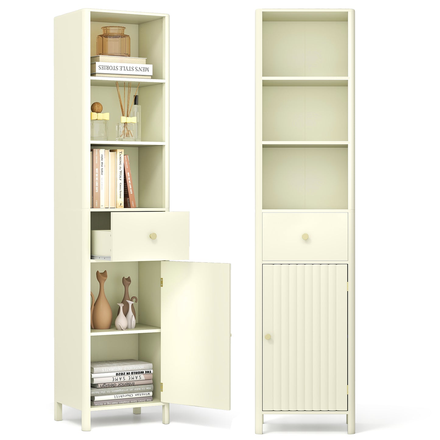170cm Tall Bathroom Cabinet with Fluted Door and 1 Drawer 3 Open Shelves-Beige
