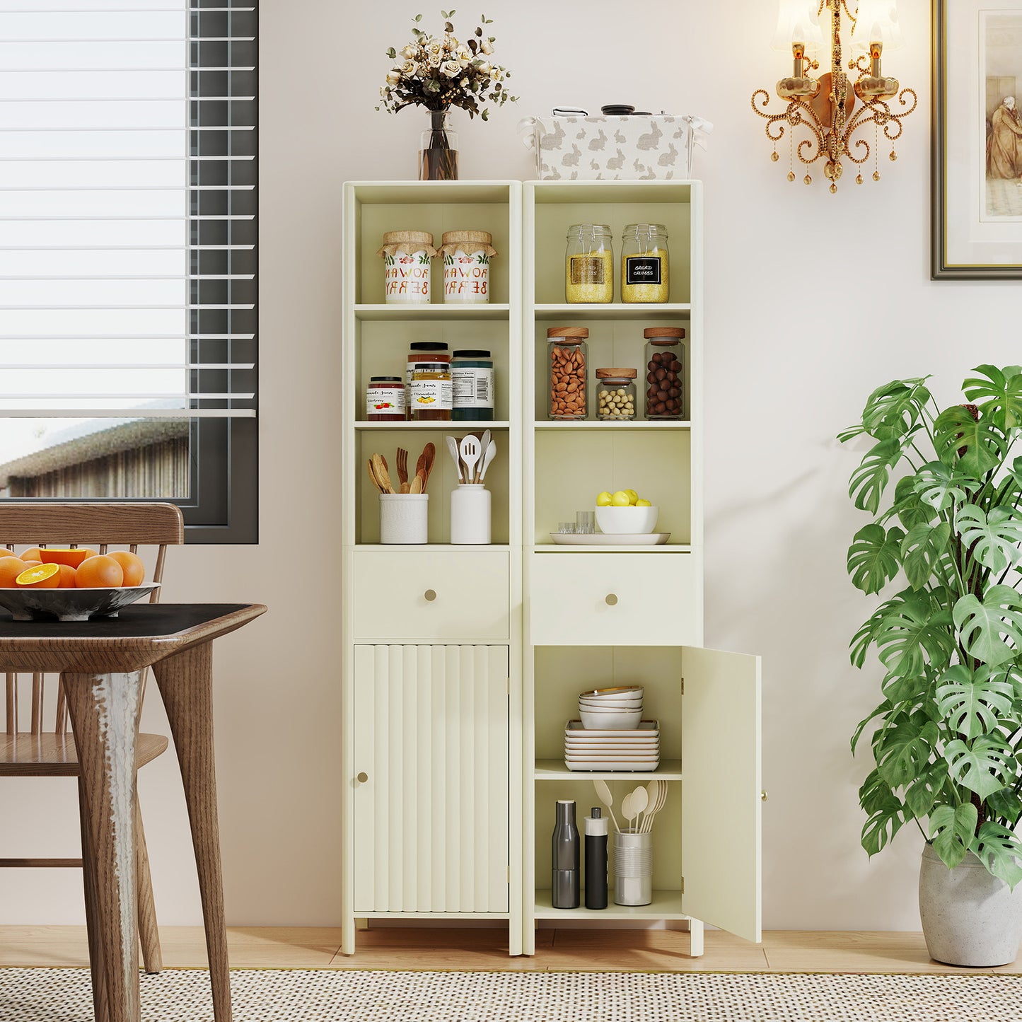 170cm Tall Bathroom Cabinet with Fluted Door and 1 Drawer 3 Open Shelves-Beige