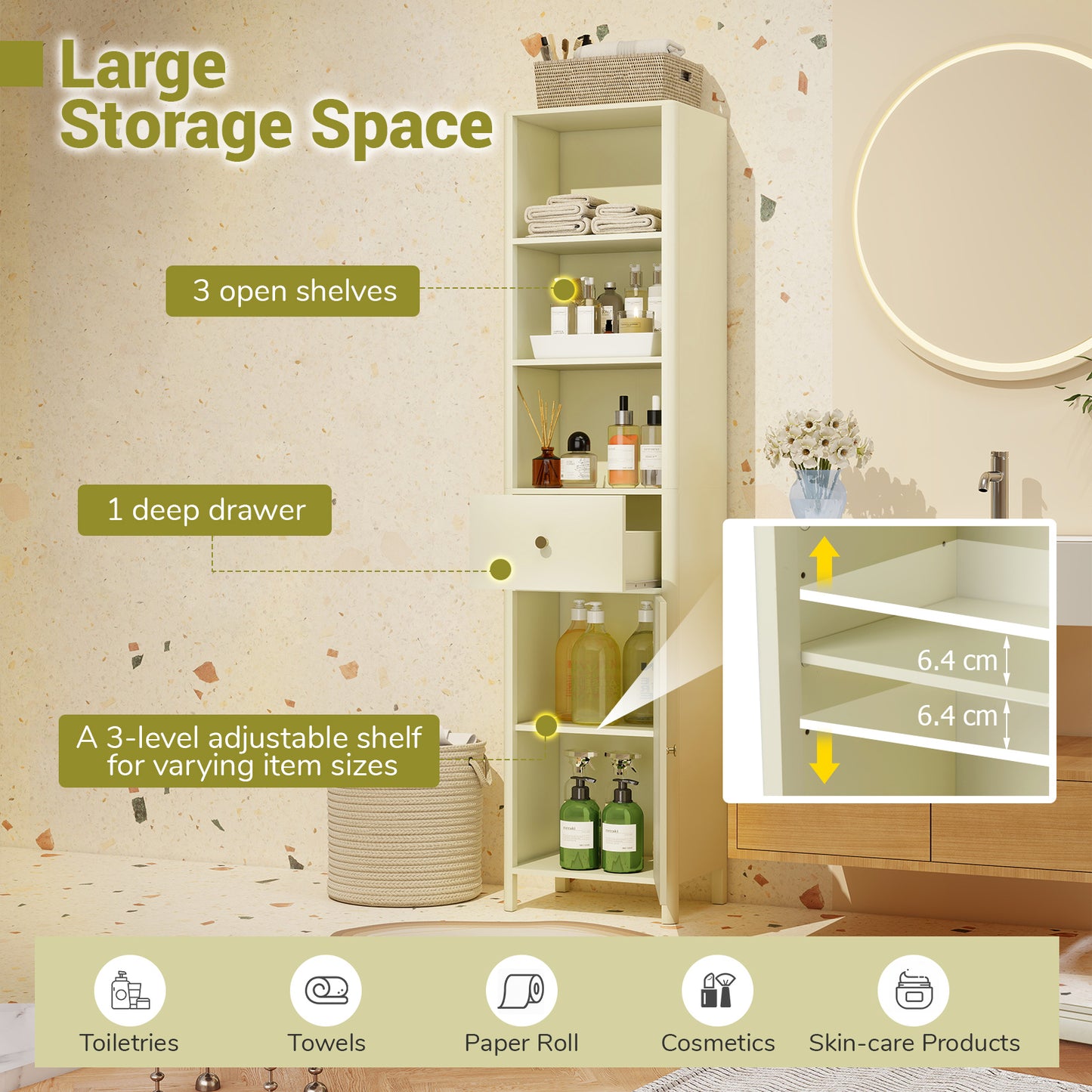 170cm Tall Bathroom Cabinet with Fluted Door and 1 Drawer 3 Open Shelves-Beige