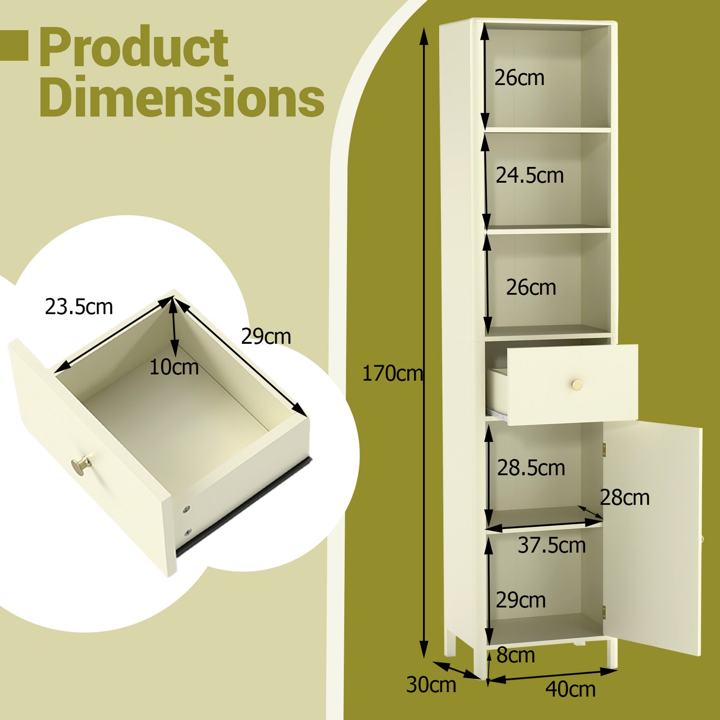 170cm Tall Bathroom Cabinet with Fluted Door and 1 Drawer 3 Open Shelves-Beige