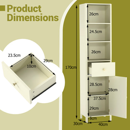 170cm Tall Bathroom Cabinet with Fluted Door and 1 Drawer 3 Open Shelves-Beige