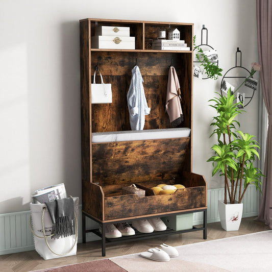 4-in-1 Coat Rack with Seat Cushion and Open Compartments-Rustic Brown