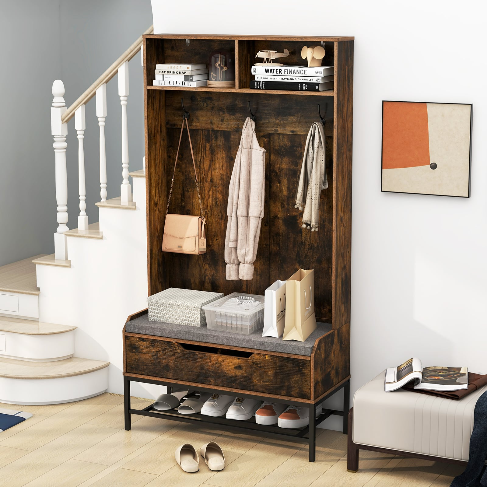4-in-1 Coat Rack with Seat Cushion and Open Compartments-Rustic Brown
