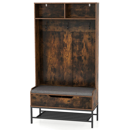 4-in-1 Coat Rack with Seat Cushion and Open Compartments-Rustic Brown