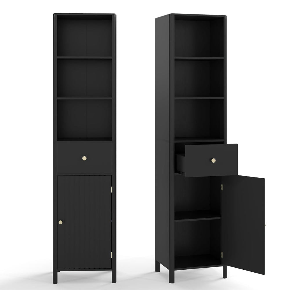 170cm Tall Bathroom Cabinet with Fluted Door and 1 Drawer 3 Open Shelves-Black