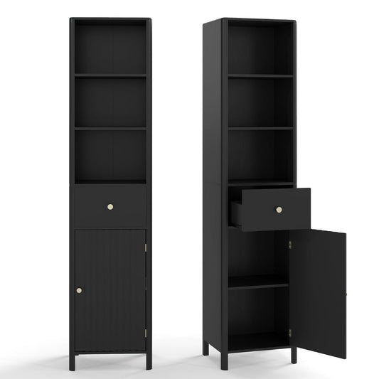 170cm Tall Bathroom Cabinet with Fluted Door and 1 Drawer 3 Open Shelves-Black