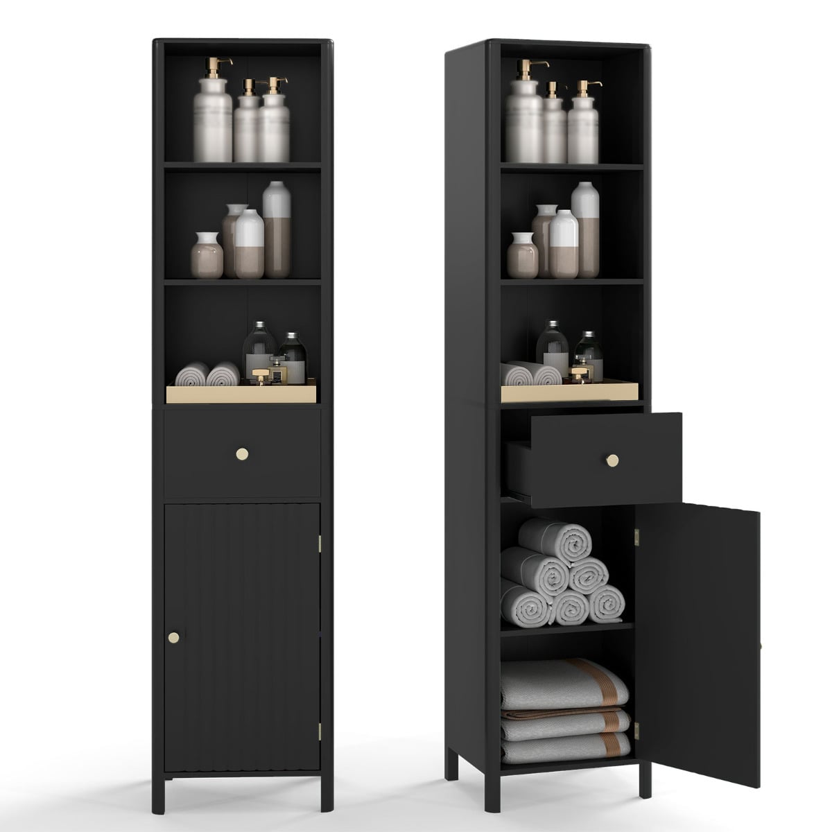 170cm Tall Bathroom Cabinet with Fluted Door and 1 Drawer 3 Open Shelves-Black