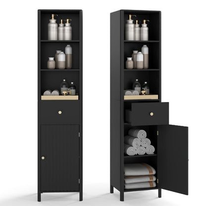 170cm Tall Bathroom Cabinet with Fluted Door and 1 Drawer 3 Open Shelves-Black