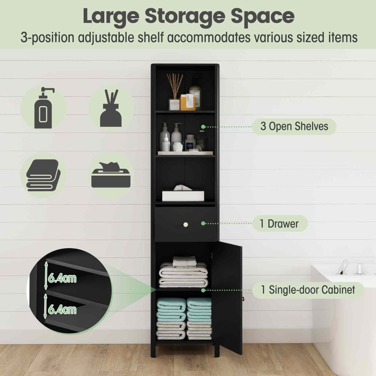 170cm Tall Bathroom Cabinet with Fluted Door and 1 Drawer 3 Open Shelves-Black