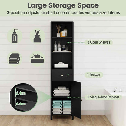 170cm Tall Bathroom Cabinet with Fluted Door and 1 Drawer 3 Open Shelves-Black