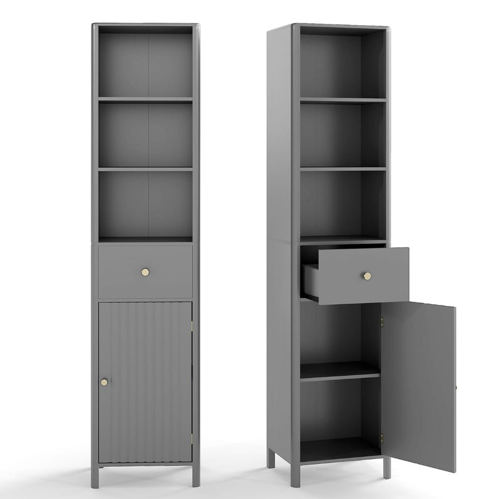 170cm Tall Bathroom Cabinet with Fluted Door and 1 Drawer 3 Open Shelves-Grey