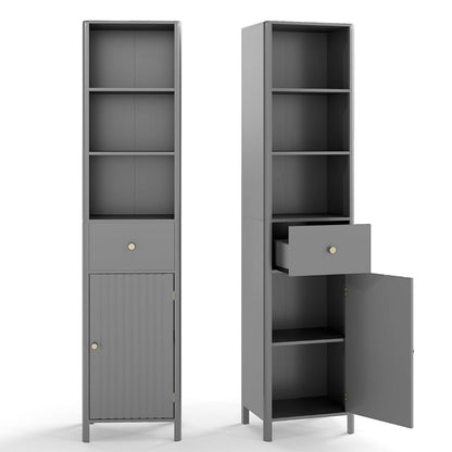 170cm Tall Bathroom Cabinet with Fluted Door and 1 Drawer 3 Open Shelves-Grey
