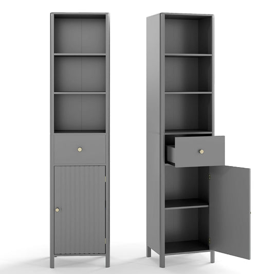 170cm Tall Bathroom Cabinet with Fluted Door and 1 Drawer 3 Open Shelves-Grey