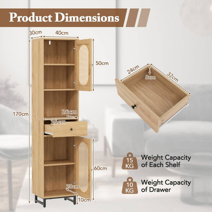 170cm Tall Bathroom Cabinet with 2 Doors and Open Compartment-Natural