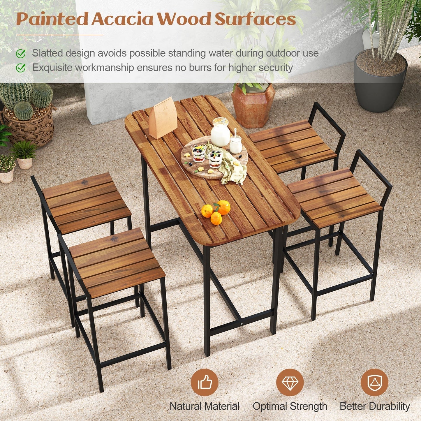 5 Piece Acacia Wood Bar Table Set Bar Height Table and Chairs with Metal Frame and Footrest