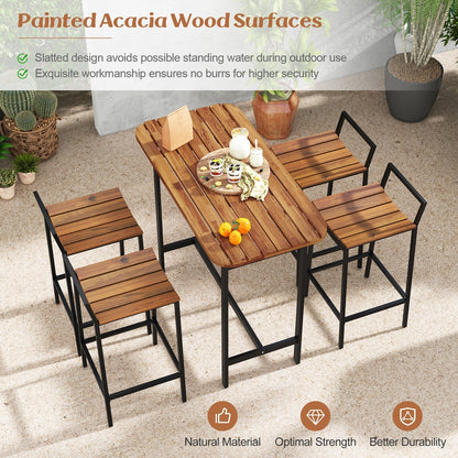 5 Piece Acacia Wood Bar Table Set Bar Height Table and Chairs with Metal Frame and Footrest