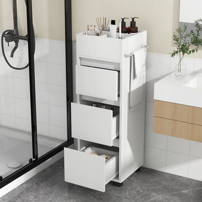 Bathroom Floor Cabinet with 3 Drawers, 4 Top Dividers and 1 Towel Rack-White
