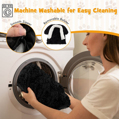 Fluffy Dog Mat Couch Cover Protector with Detachable Washable Cover and Anti-slip Bottom-Black-S