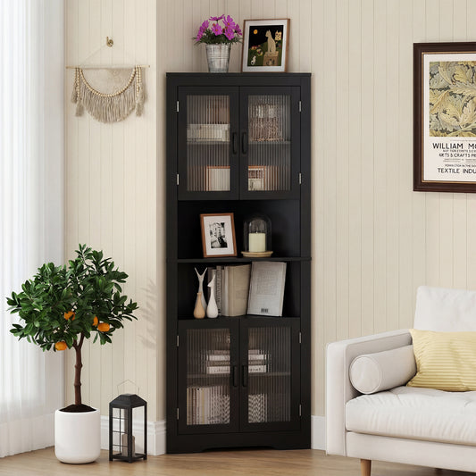 171cm Tall Space-saving Corner Cabinet with 4 Tempered Glass Doors and Adjustable Shelves-Black