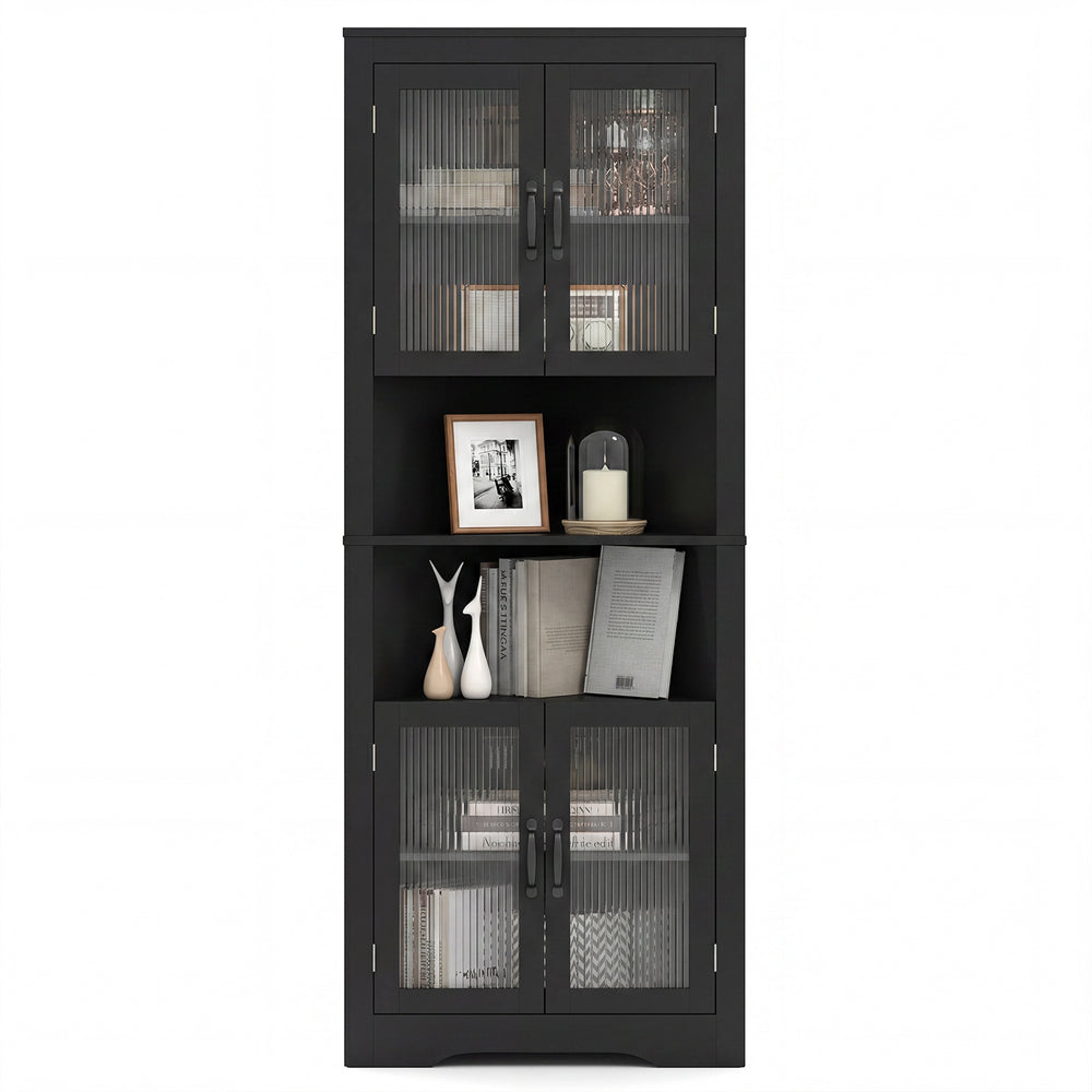 171cm Tall Space-saving Corner Cabinet with 4 Tempered Glass Doors and Adjustable Shelves-Black