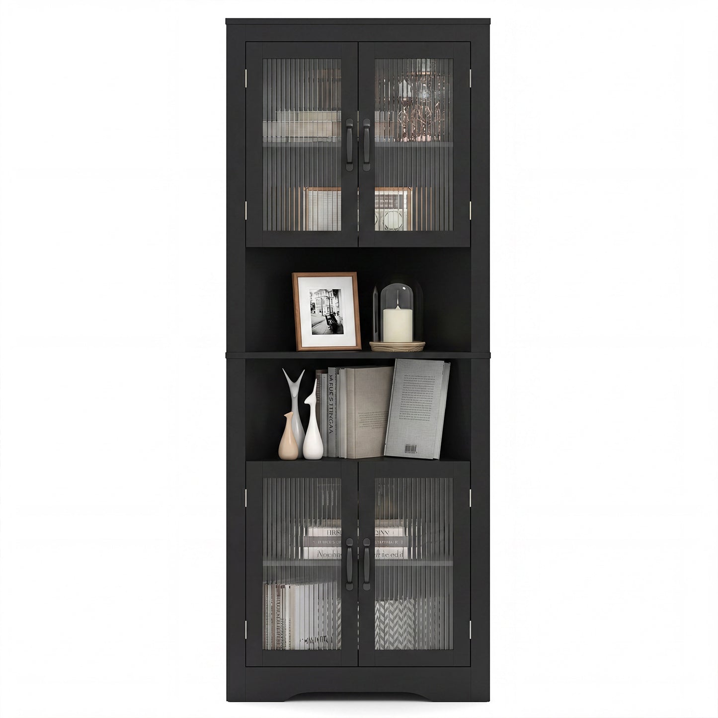 171cm Tall Space-saving Corner Cabinet with 4 Tempered Glass Doors and Adjustable Shelves-Black