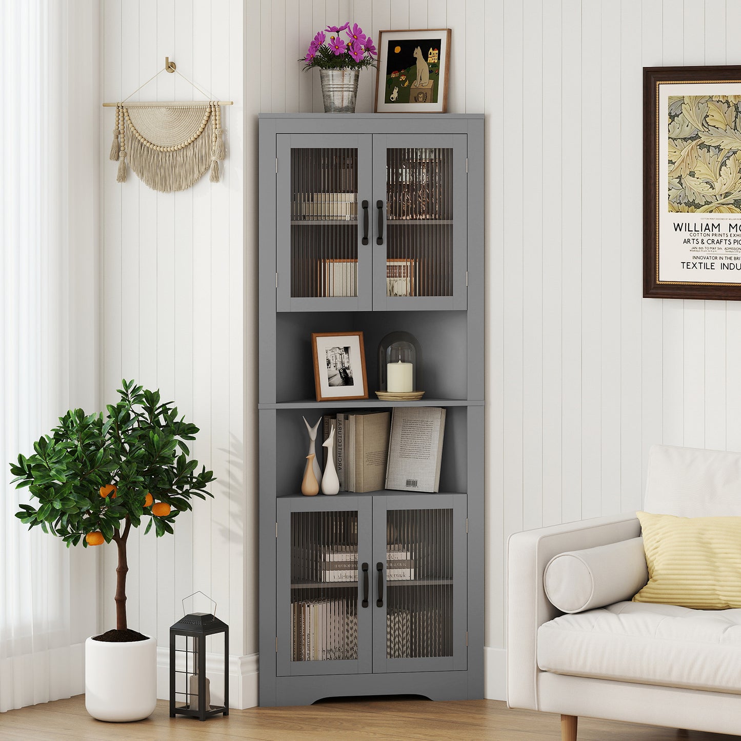 171cm Tall Space-saving Corner Cabinet with 4 Tempered Glass Doors and Adjustable Shelves-Grey