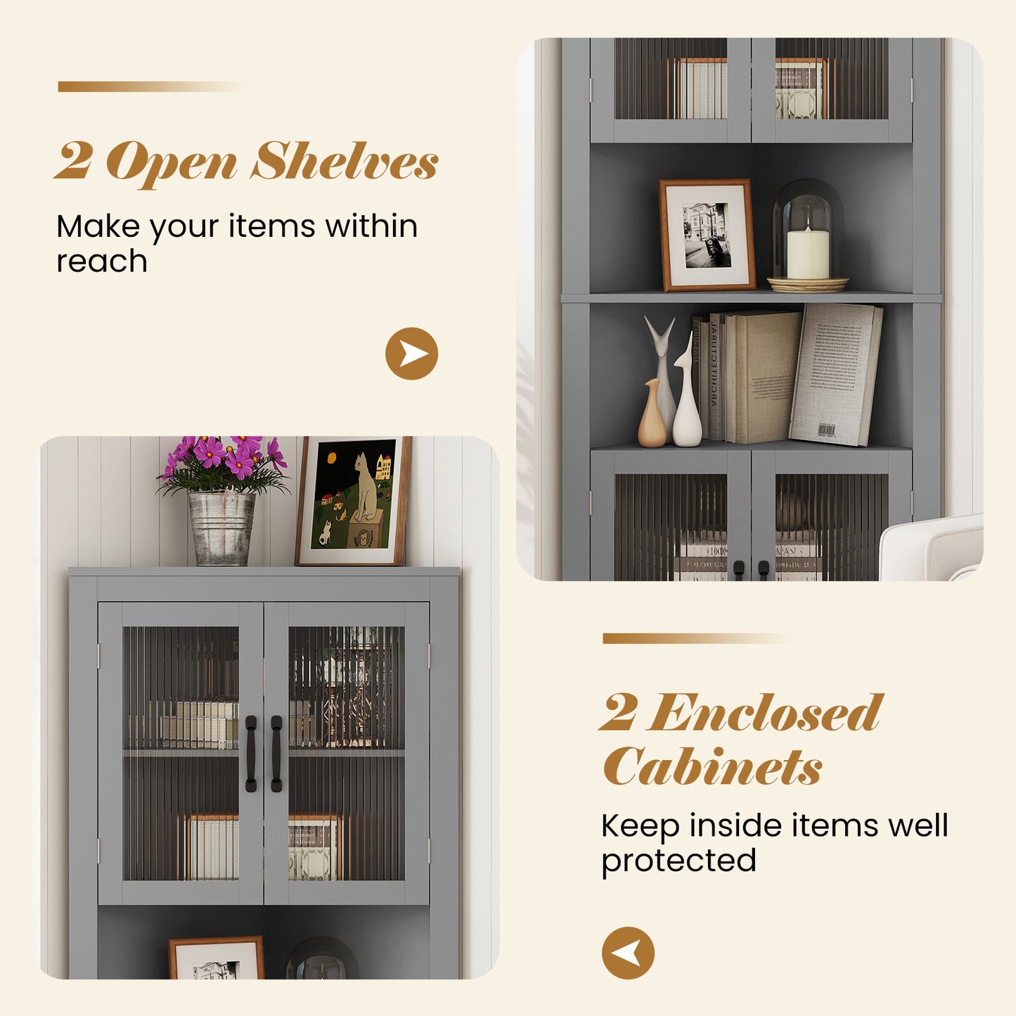 171cm Tall Space-saving Corner Cabinet with 4 Tempered Glass Doors and Adjustable Shelves-Grey