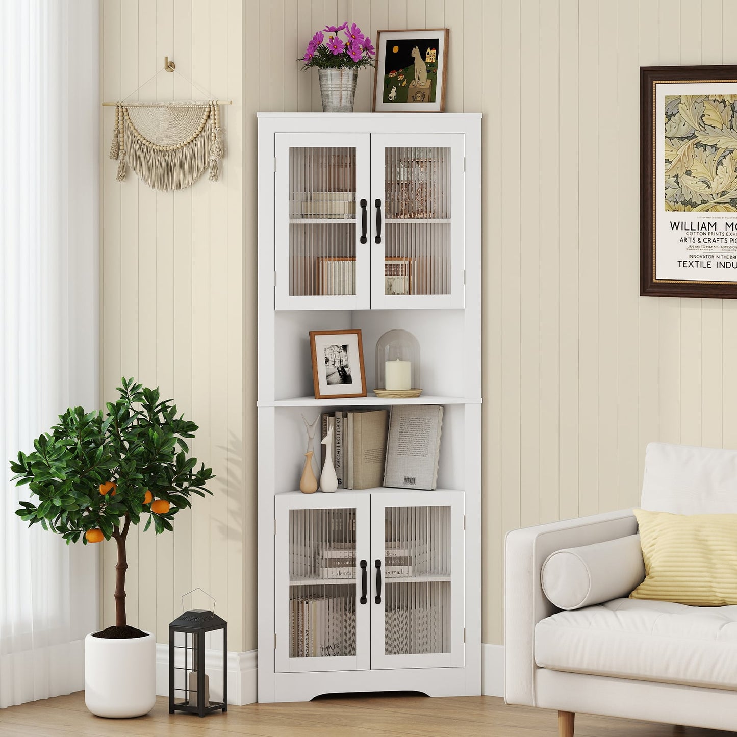 171cm Tall Space-saving Corner Cabinet with 4 Tempered Glass Doors and Adjustable Shelves-White