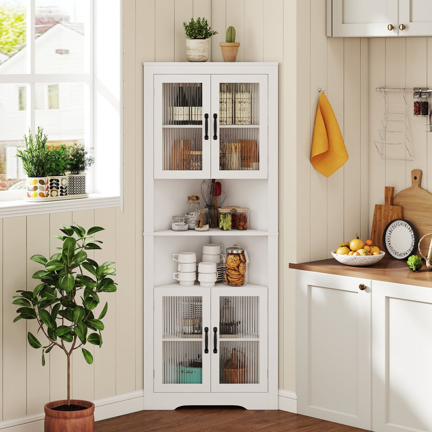 171cm Tall Space-saving Corner Cabinet with 4 Tempered Glass Doors and Adjustable Shelves-White