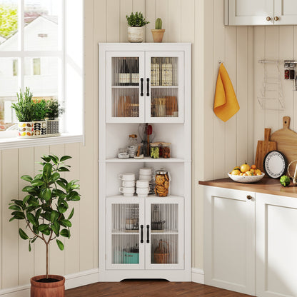 171cm Tall Space-saving Corner Cabinet with 4 Tempered Glass Doors and Adjustable Shelves-White