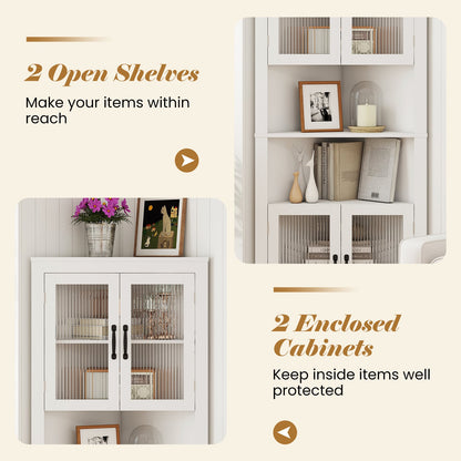 171cm Tall Space-saving Corner Cabinet with 4 Tempered Glass Doors and Adjustable Shelves-White