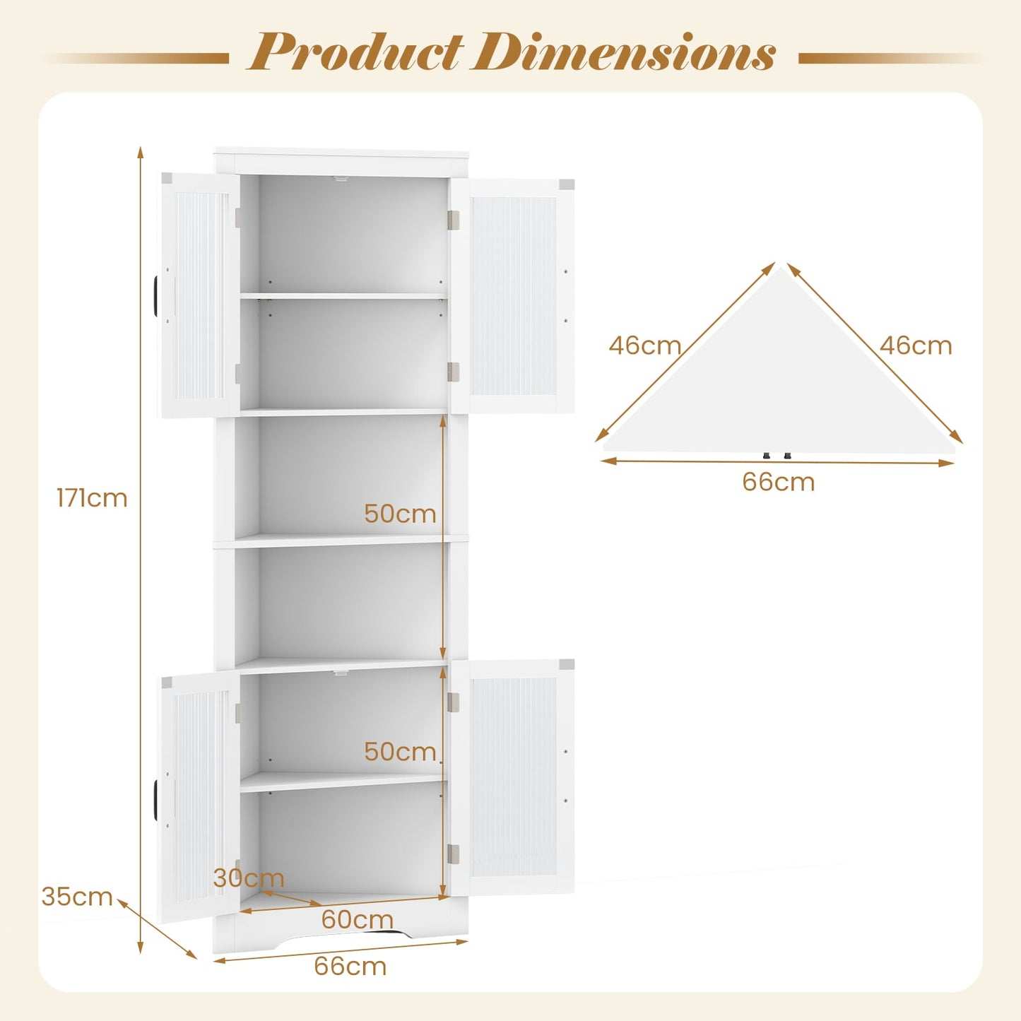 171cm Tall Space-saving Corner Cabinet with 4 Tempered Glass Doors and Adjustable Shelves-White