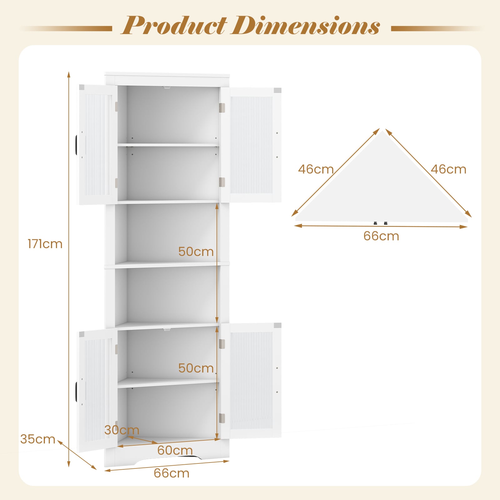 171cm Tall Space-saving Corner Cabinet with 4 Tempered Glass Doors and Adjustable Shelves-White