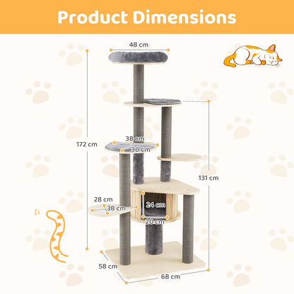 172 CM Tall Cat Tree with Comfy Padded Top Perch-Grey