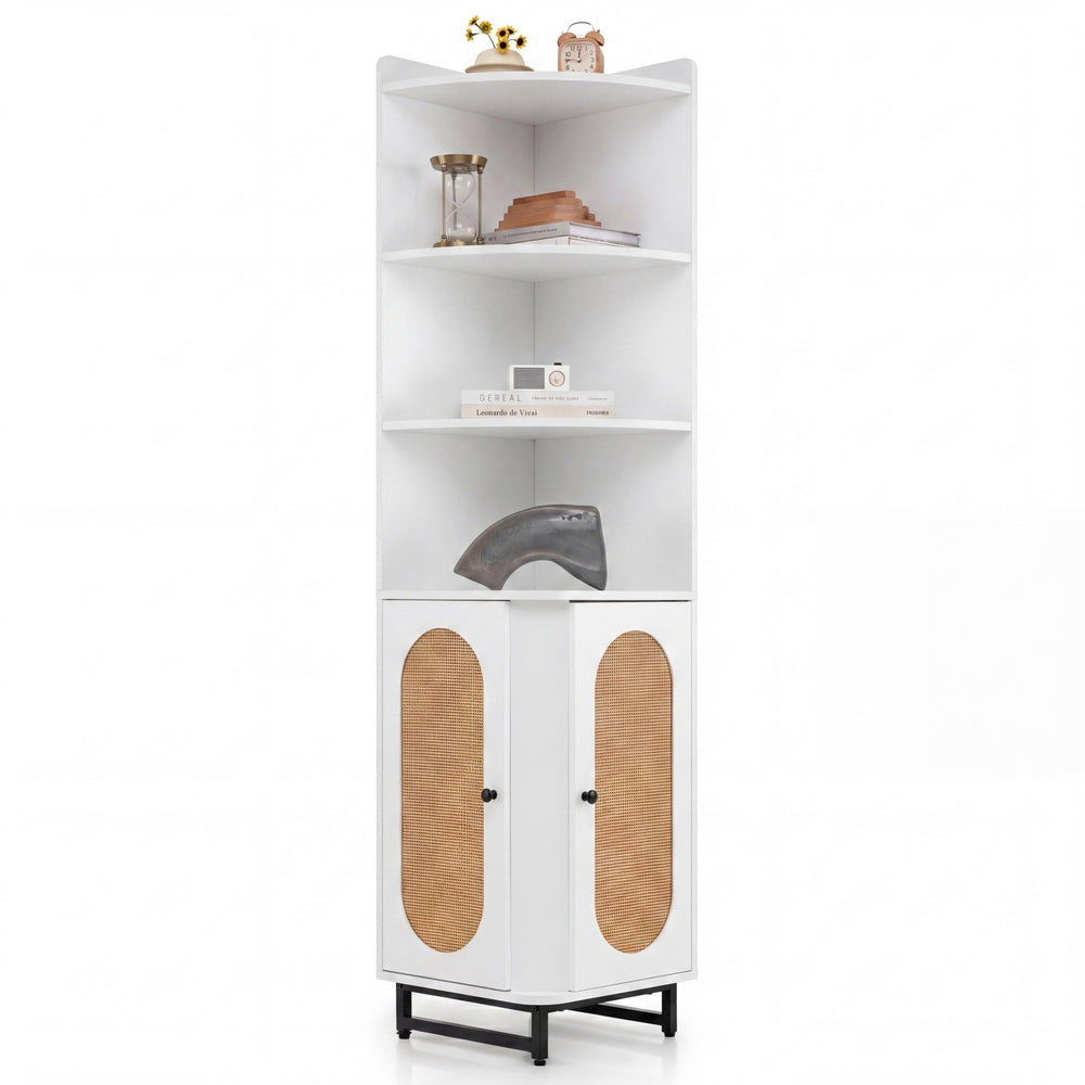 172 cm Tall PE Rattan Corner Cabinet with 2 Doors and 4 Open Shelves-White