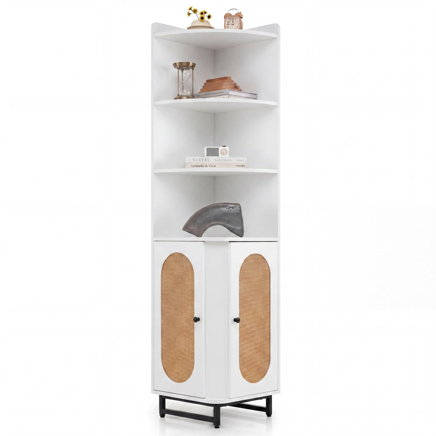 172 cm Tall PE Rattan Corner Cabinet with 2 Doors and 4 Open Shelves-White