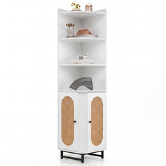 172 cm Tall PE Rattan Corner Cabinet with 2 Doors and 4 Open Shelves-White