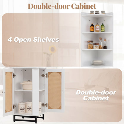172 cm Tall PE Rattan Corner Cabinet with 2 Doors and 4 Open Shelves-White