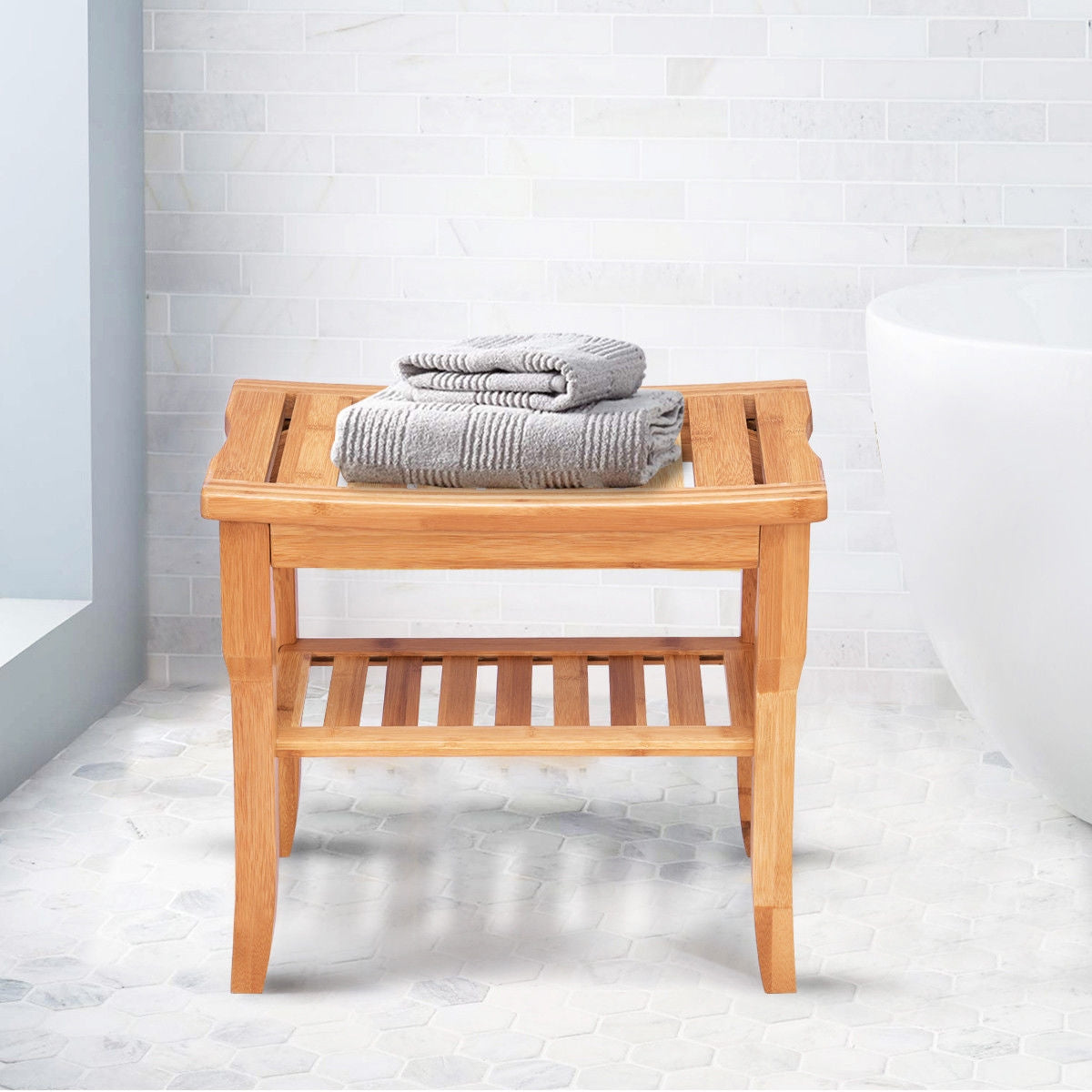 Bamboo Shower Bench Seat with Storage Shelf for Bath