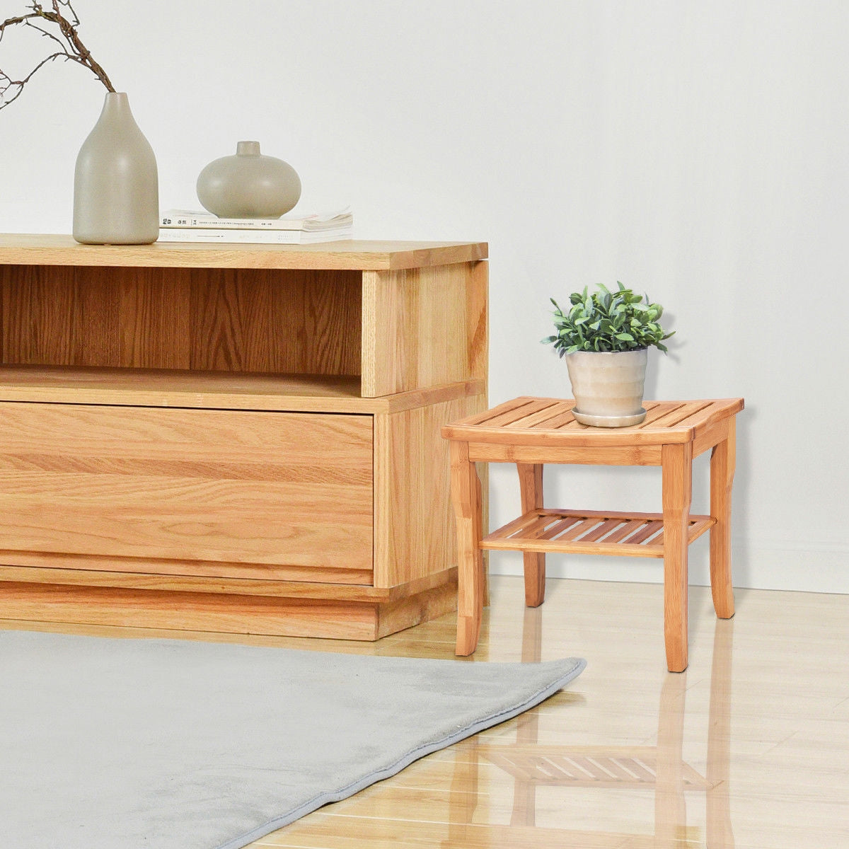 Bamboo Shower Bench Seat with Storage Shelf for Bath